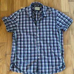 Robert Graham Purple Plaid Men's Cotton Button Down Short Sleeve Shirt Size L